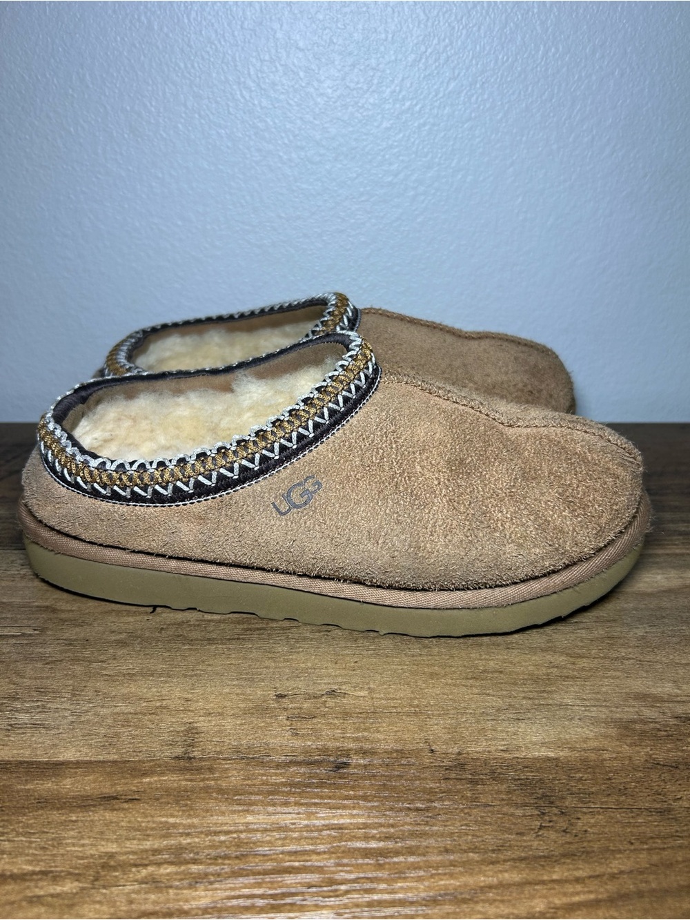 UGG Kids Chestnut Suede Mule Slippers with Shearling Trim